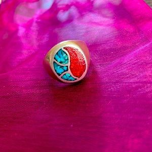 Vintage Turquoise & Coral Inlay Ring